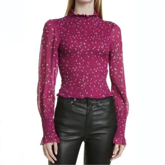 rag & bone Burgundy Fitted Floral Ruffled Blouse Smocking Victoria Boho NWT - Picture 1 of 13
